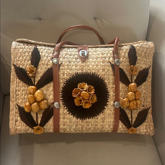 Handbags - Woven Straw Tote Bag with Brown Leather Trim and Floral Accents -Acapulco